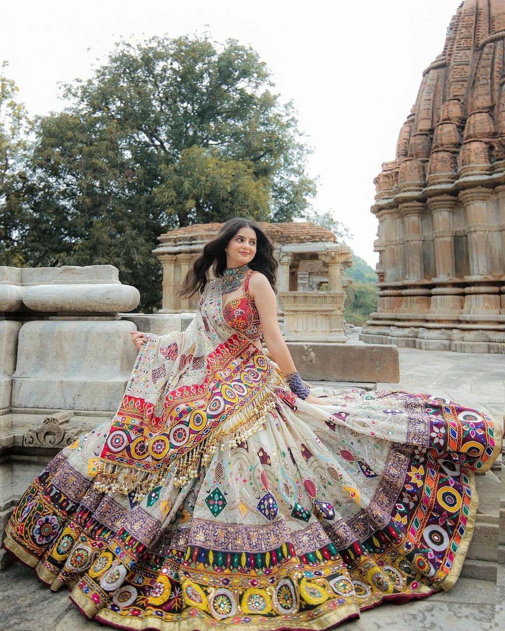 Off White Mirror Work Navratri Lehenga Choli