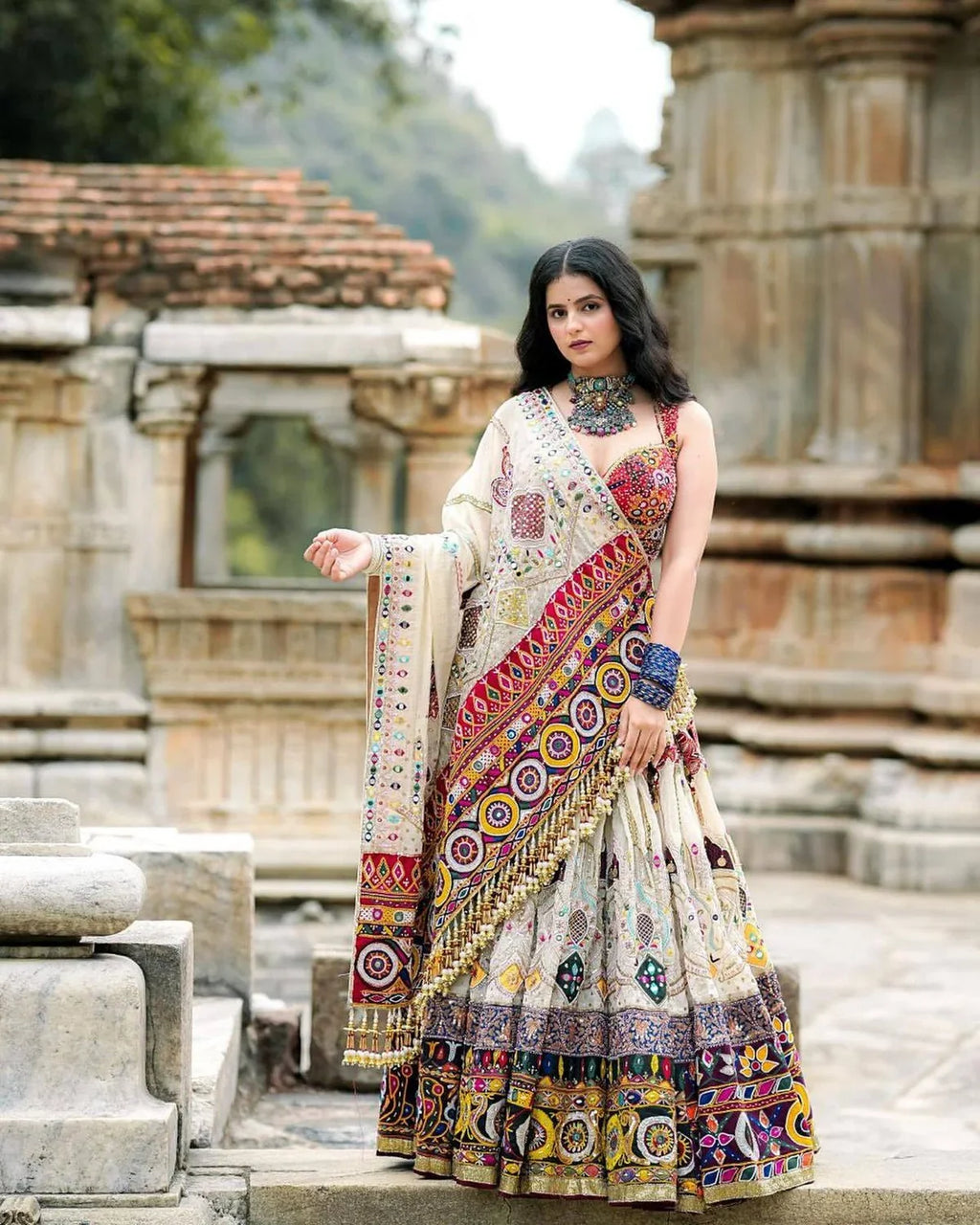 Off White Mirror Work Navratri Lehenga Choli