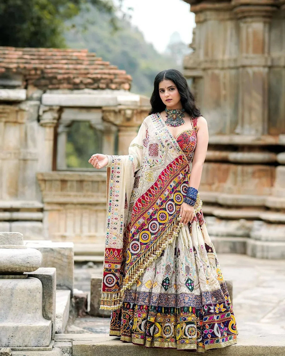 Off White Mirror Work Navratri Lehenga Choli