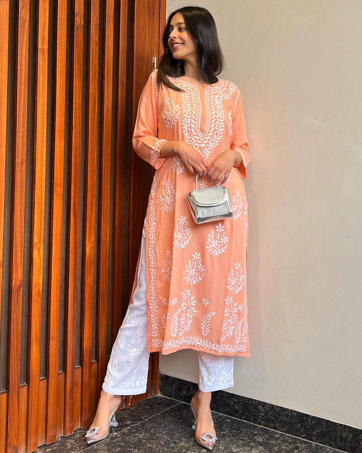 Elina Peach Chikan Kurti Pant Set