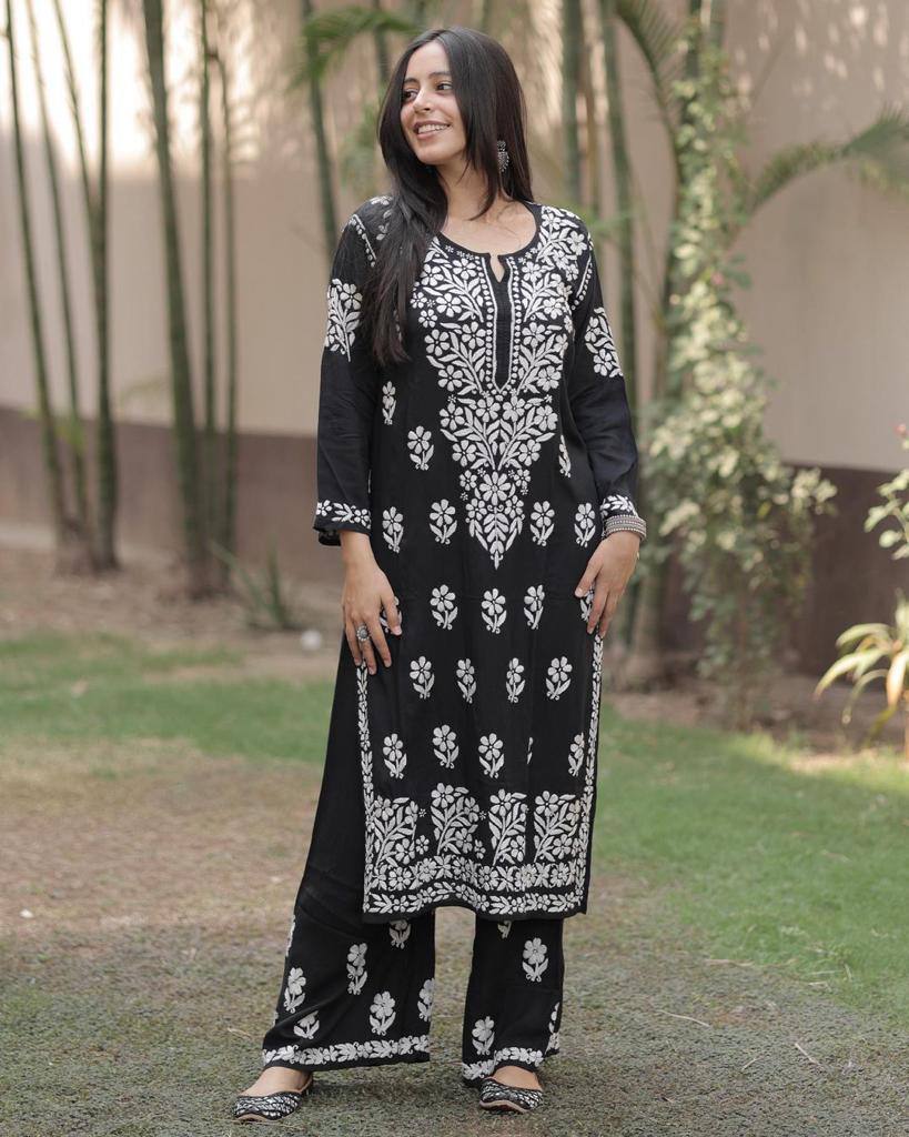 Firoza Black Chikankari Kurti Pant Set