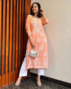 Elina Peach Chikan Kurti Pant Set
