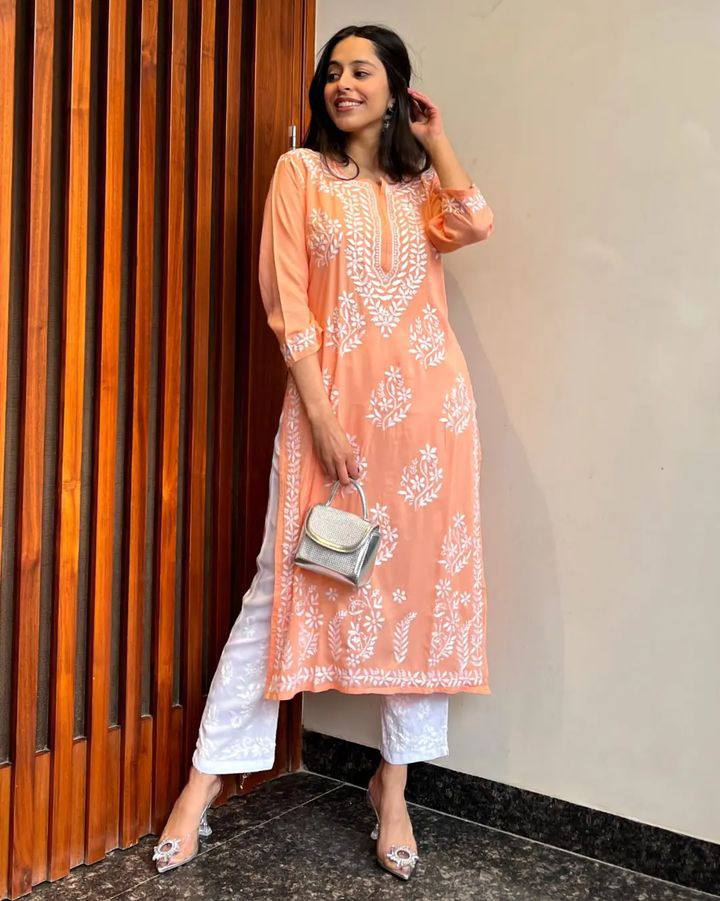 Elina Peach Chikan Kurti Pant Set