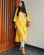 Inaaya Yellow Chikan Kurti Pant Set