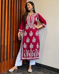 Nisha Maroon Chikan Kurti Pant Set