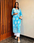 Avni Sky Blue Chikan Kurti Pant Set