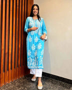Avni Sky Blue Chikan Kurti Pant Set