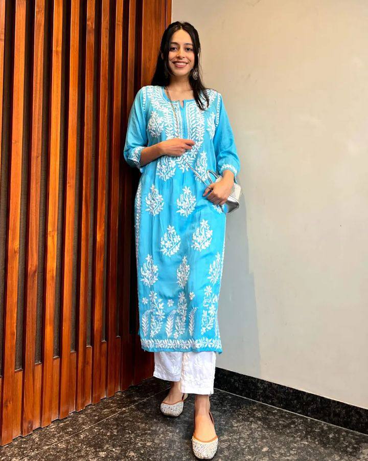 Avni Sky Blue Chikan Kurti Pant Set