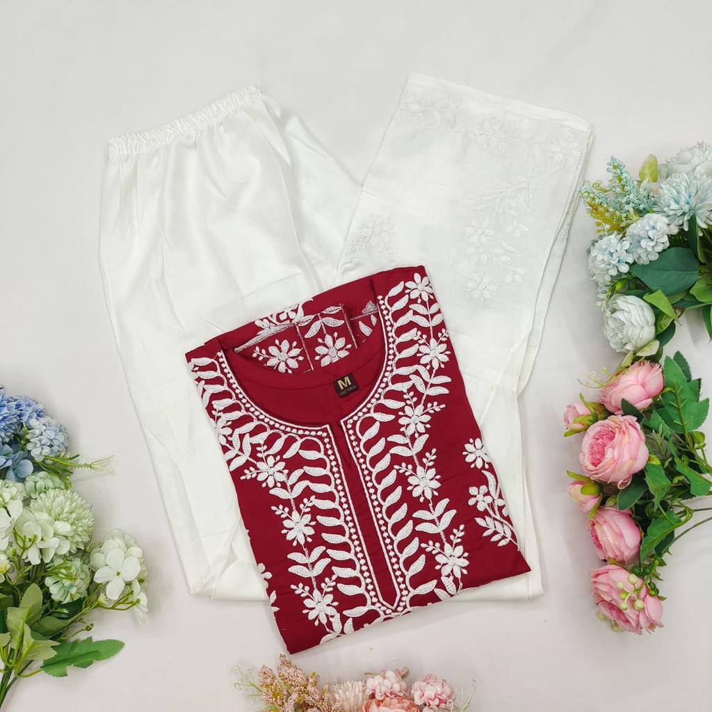Nisha Maroon Chikan Kurti Pant Set