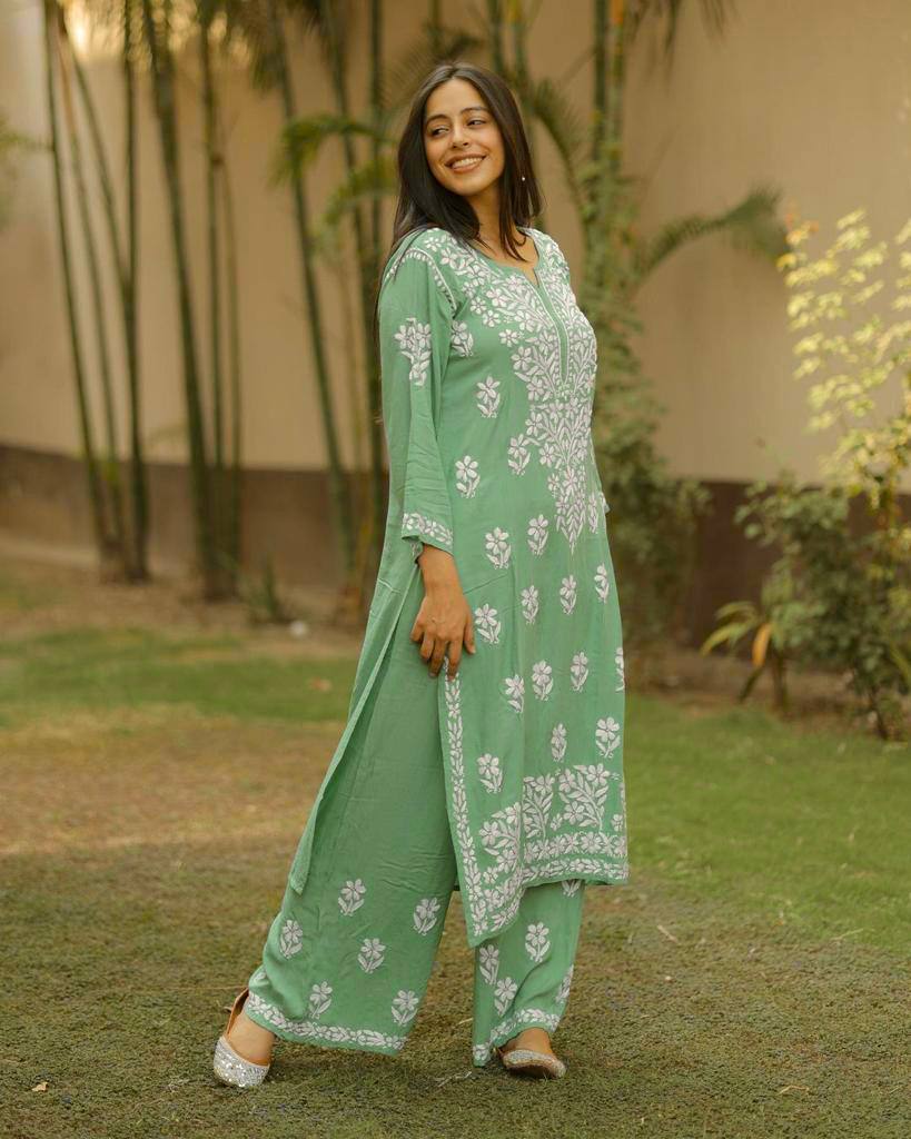Charulata Pista Chikankari Kurti Pant Set