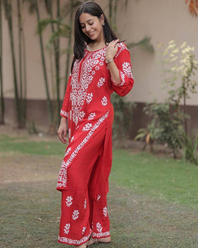 Bhavini Red Chikankari Kurti Pant Set