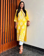 Inaaya Yellow Chikan Kurti Pant Set