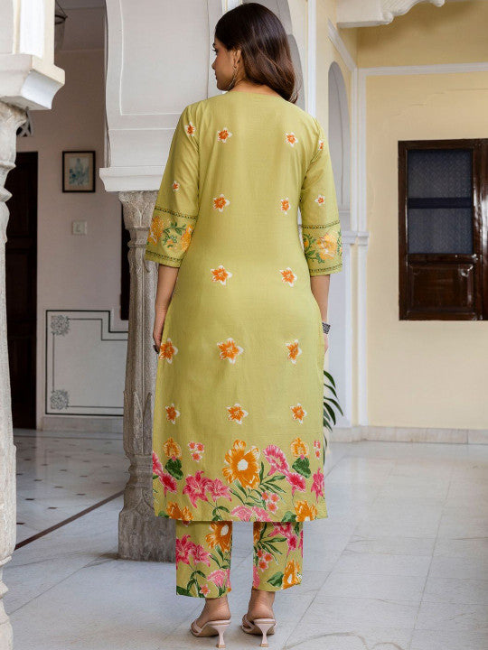 Green Printed Pure Cotton Straight Kurta Trouser Set