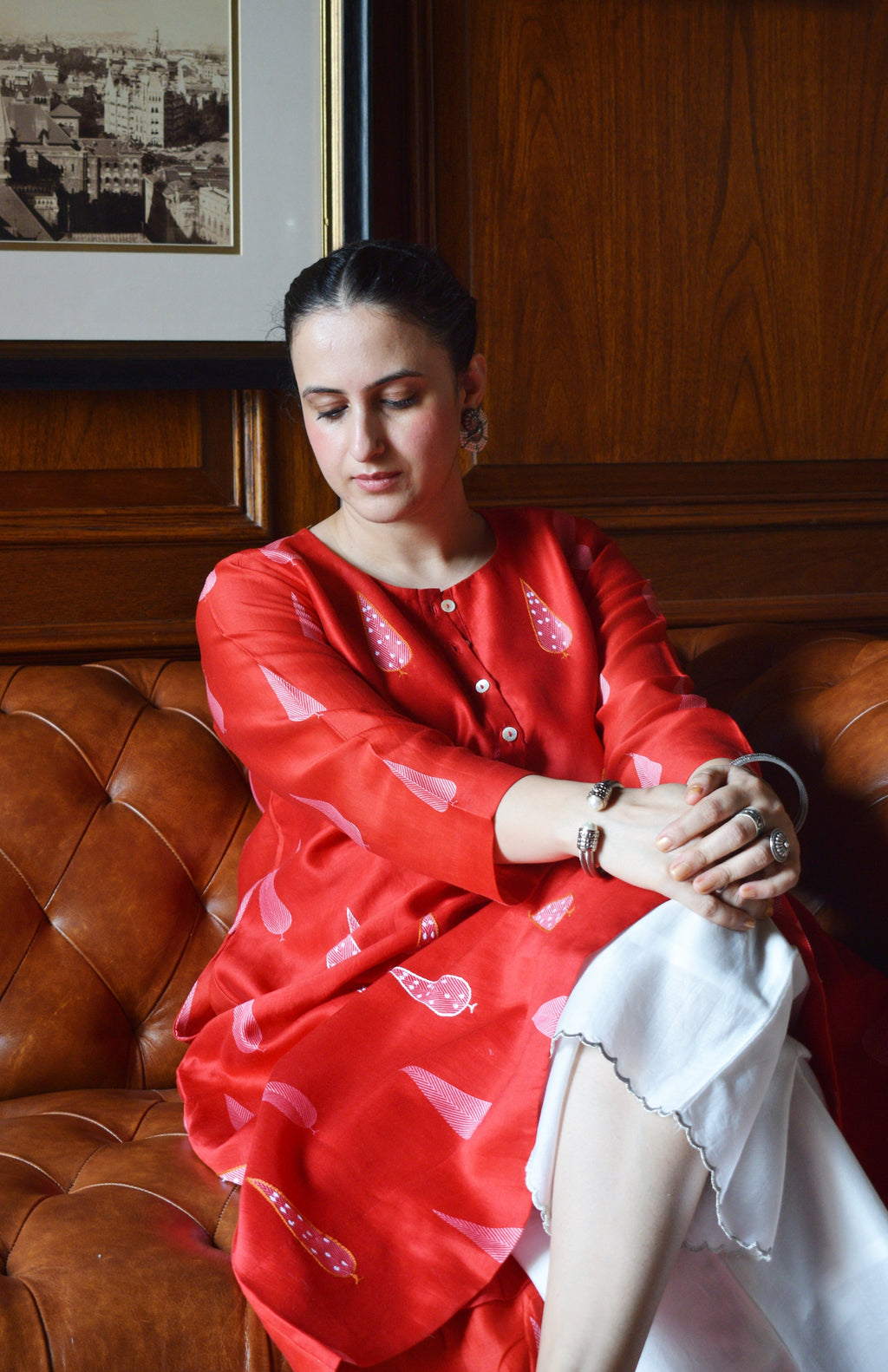 Red Chanderi Kurta with Off White Chanderi Scallop Pyjama