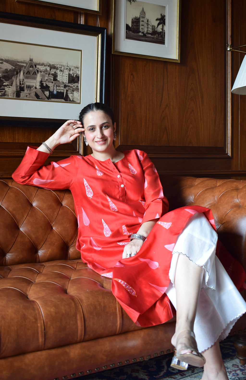 Red Chanderi Kurta with Off White Chanderi Scallop Pyjama