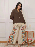 Brown Cotton Cord Set for Women | Embroidered Top with Printed Pants