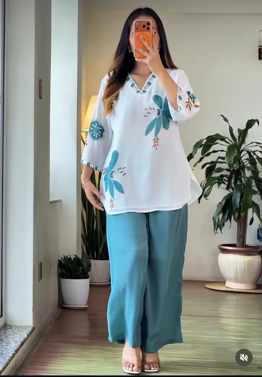 Teal Green Mul Cotton Floral Cord Set