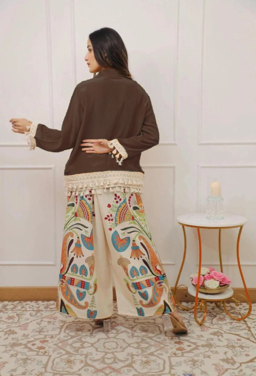 Brown Cotton Cord Set for Women | Embroidered Top with Printed Pants
