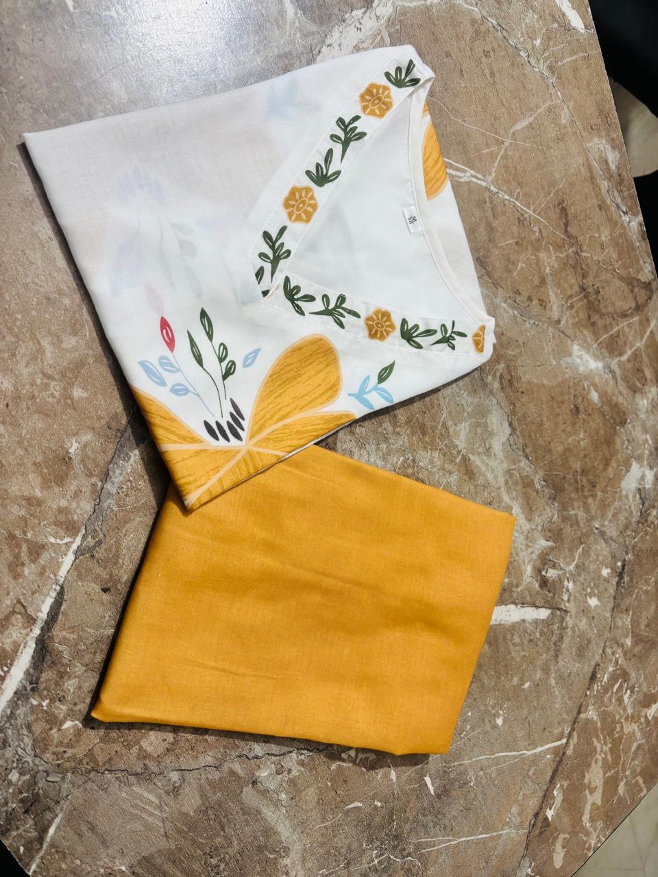 Mustard Yellow Floral Kurti Plazo Set | Mul Cotton