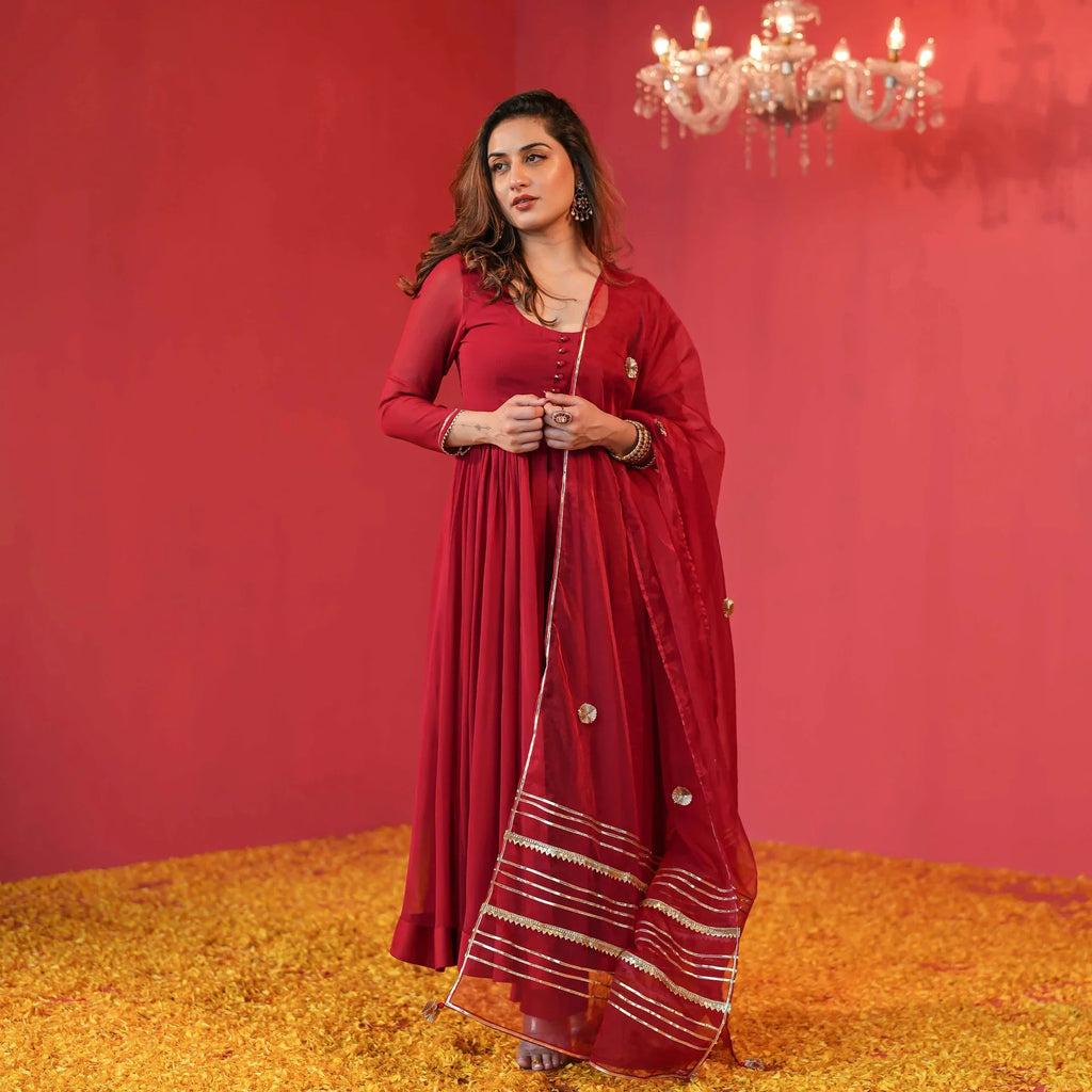 Teja Red Cotton Anarkali Suit Set