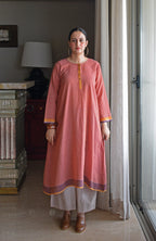 Rust Orange Checks A line Kurta with Pyjama in Handwoven cotton