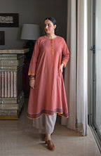 Rust Orange Checks A line Kurta with Pyjama in Handwoven cotton