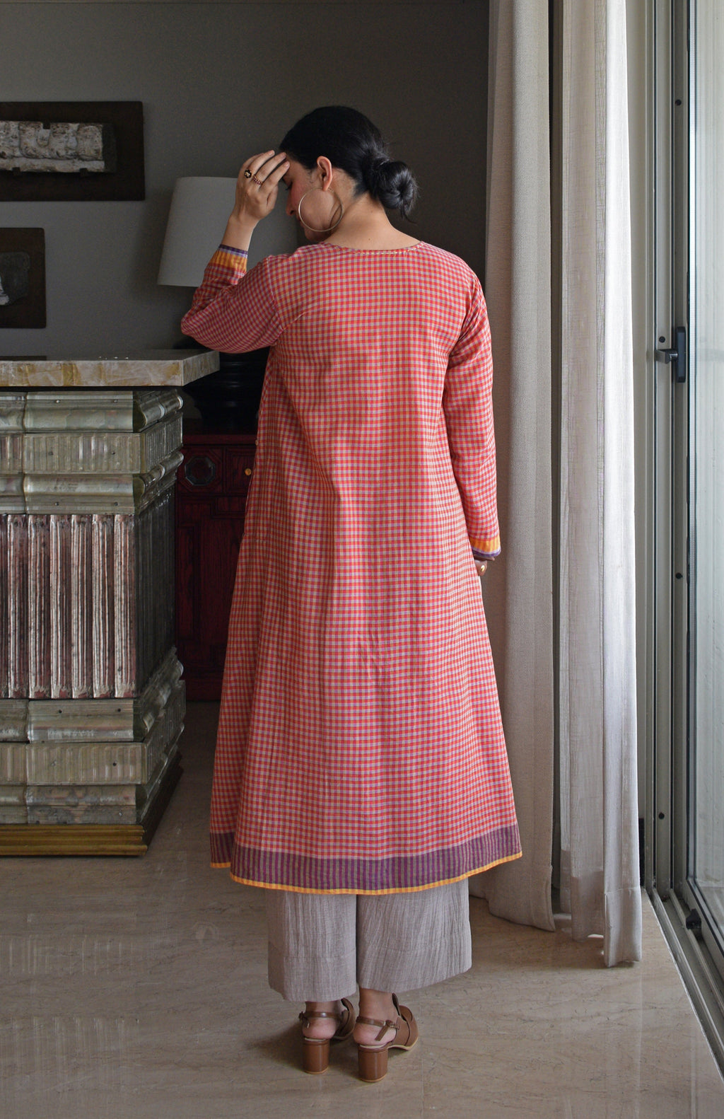 Rust Orange Checks A line Kurta with Pyjama in Handwoven cotton