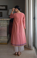 Rust Orange Checks A line Kurta with Pyjama in Handwoven cotton