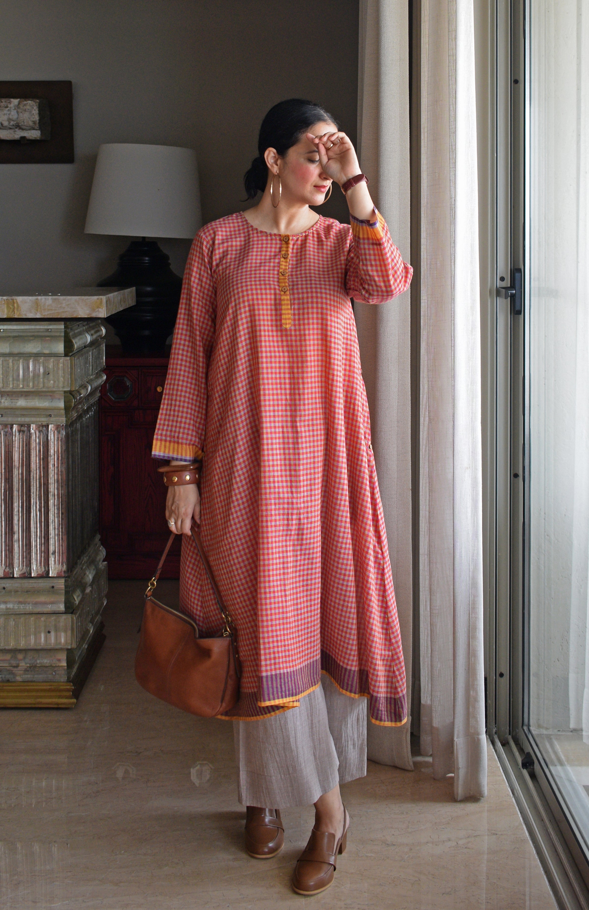 Rust Orange Checks A line Kurta with Pyjama in Handwoven cotton