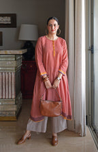 Rust Orange Checks A line Kurta with Pyjama in Handwoven cotton