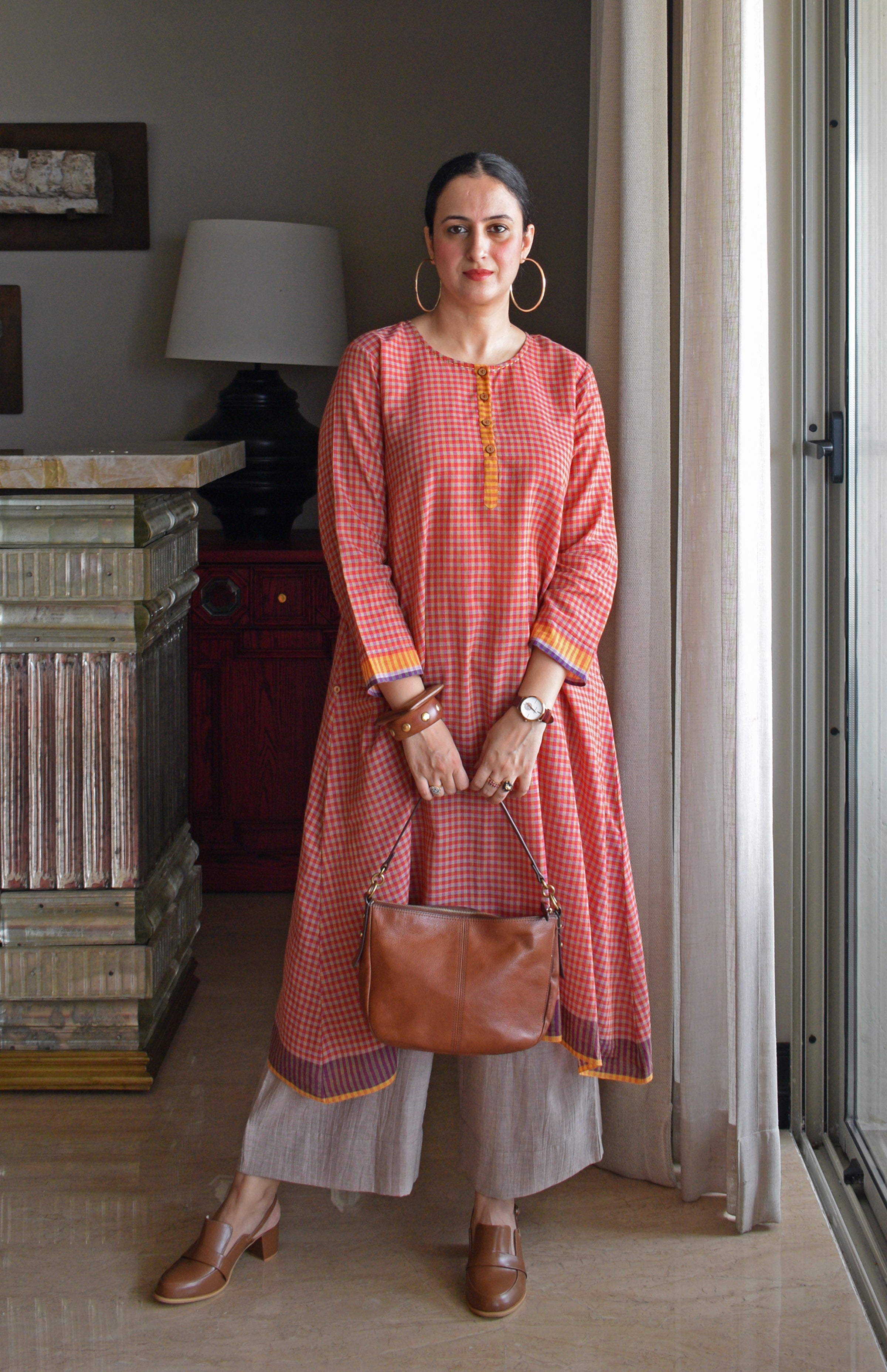 Rust Orange Checks A line Kurta with Pyjama in Handwoven cotton