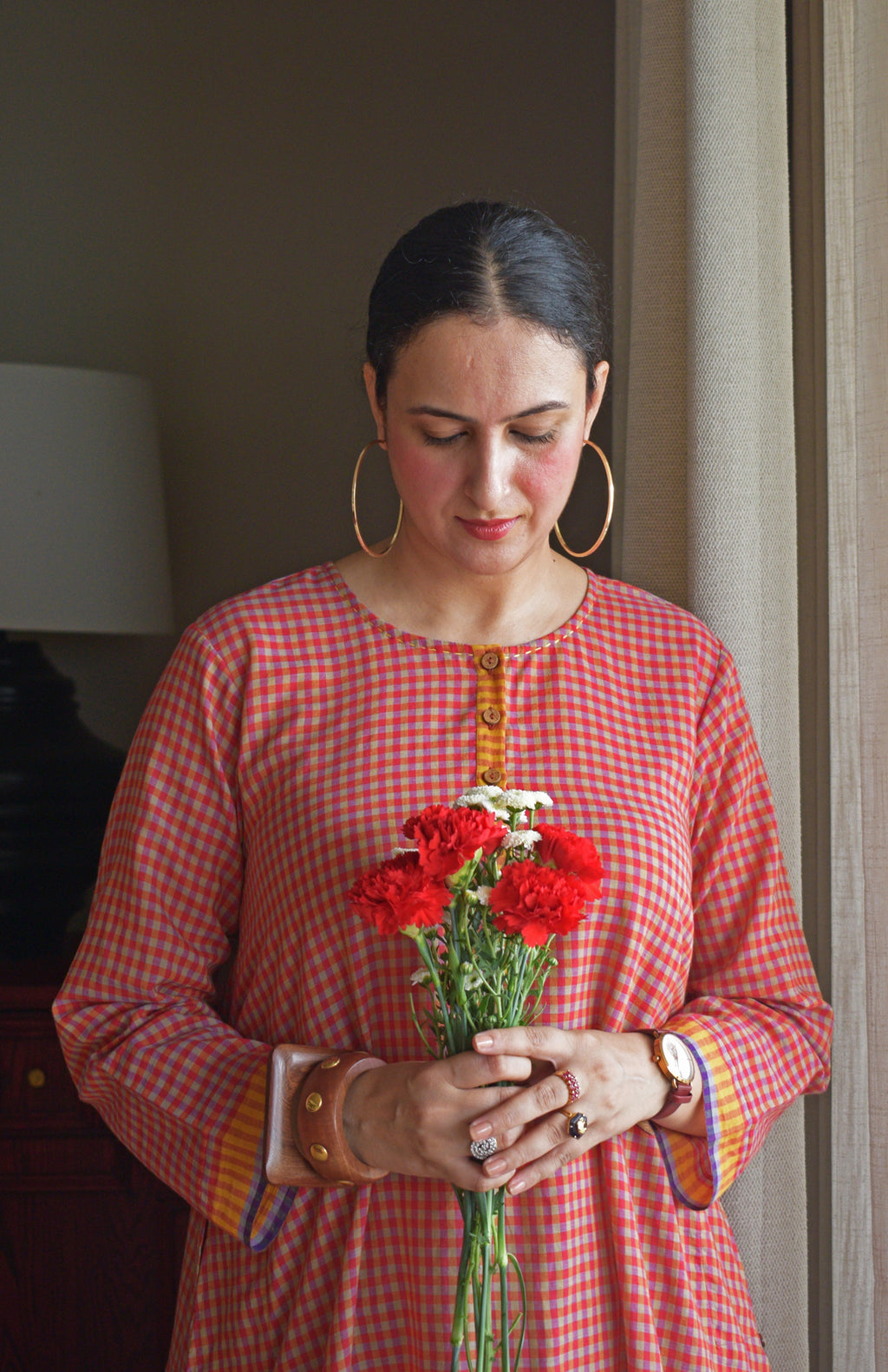 Rust Orange Checks A line Kurta with Pyjama in Handwoven cotton