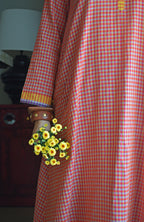Rust Orange Checks A line Kurta with Pyjama in Handwoven cotton