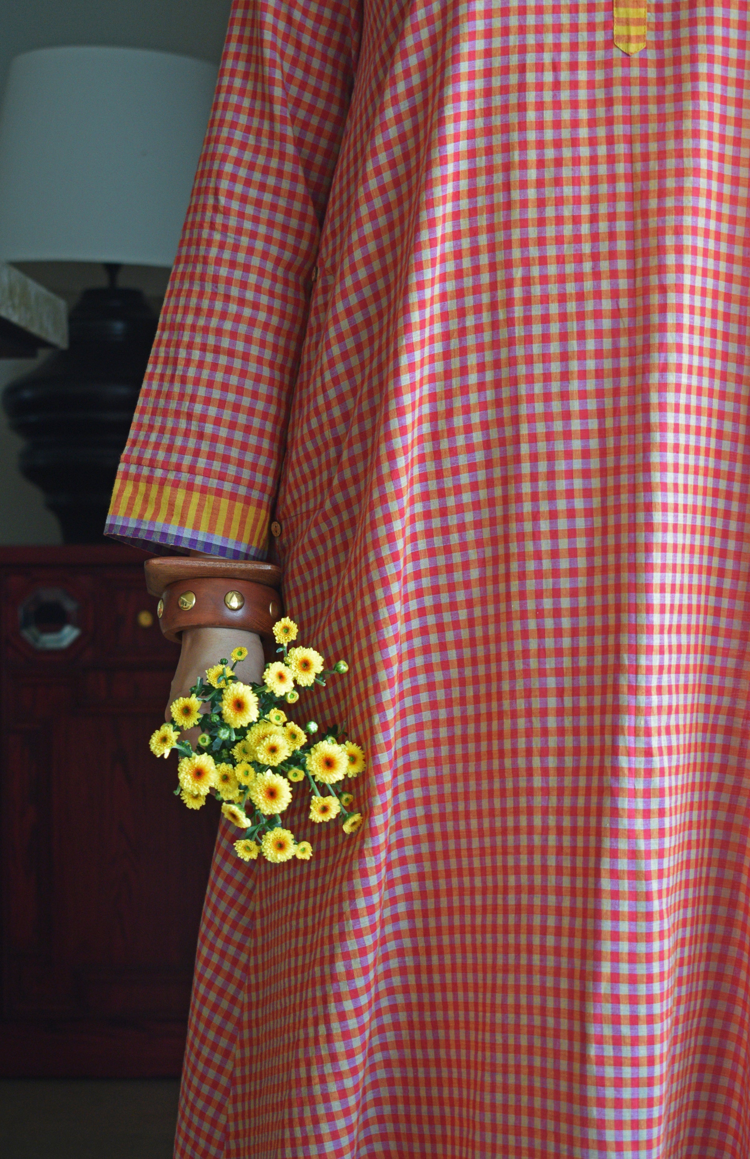 Rust Orange Checks A line Kurta with Pyjama in Handwoven cotton