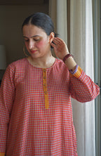 Rust Orange Checks A line Kurta with Pyjama in Handwoven cotton