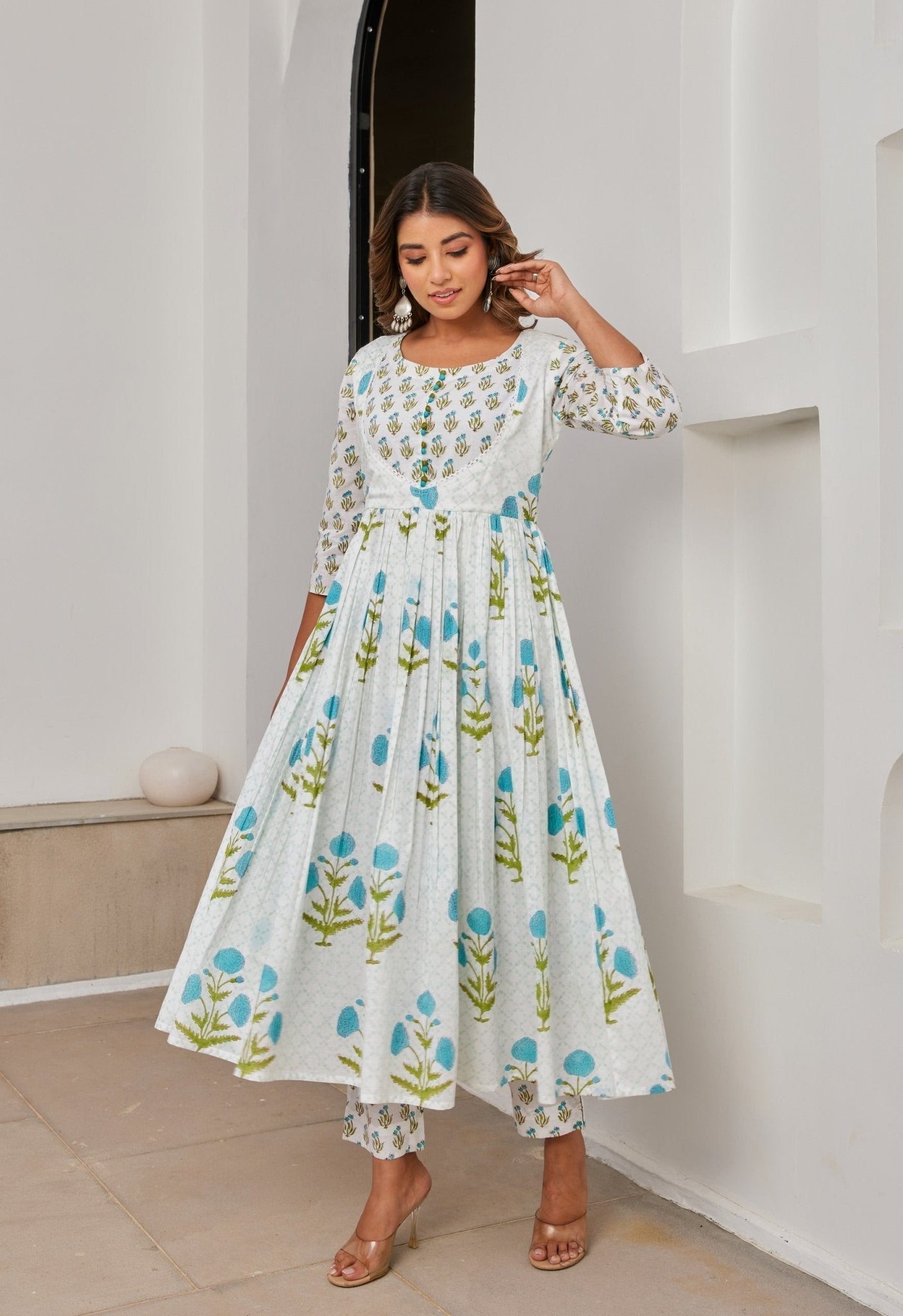 White Cotton Hand Block Printed Suit Set With Dupatta