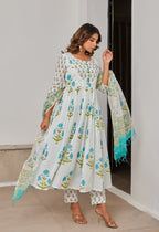 White Cotton Hand Block Printed Suit Set With Dupatta