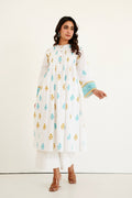 White Cotton Slub Buti Print Kurta Set with Culottes
