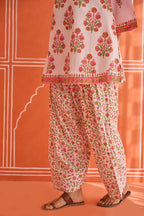 Jasmin White-Pink Floral Hand bock Printed Kurta & Farsi Salwar Co-ord Set