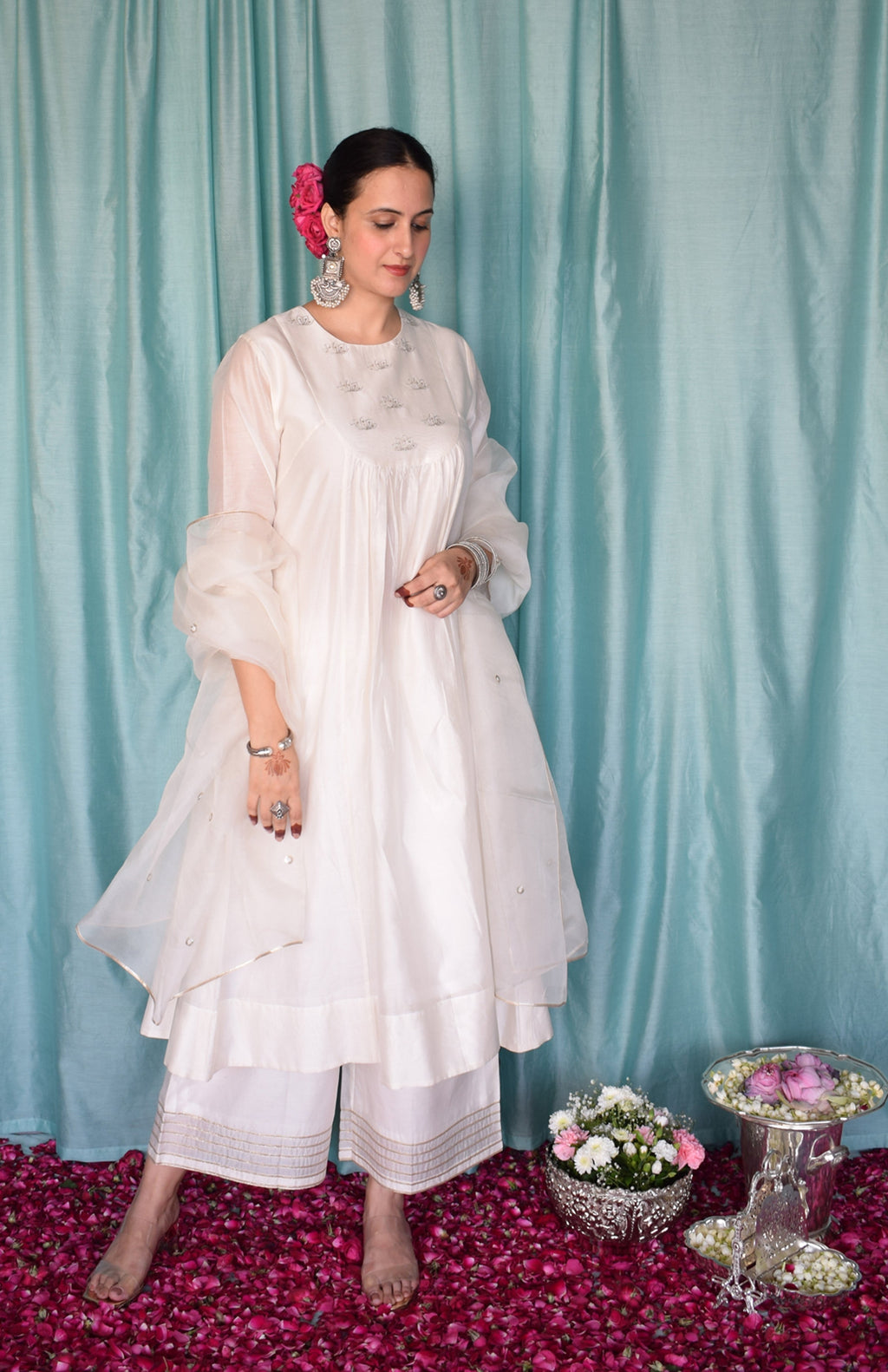 Sufi Chanderi Set with Off White Silk Organza Dupatta