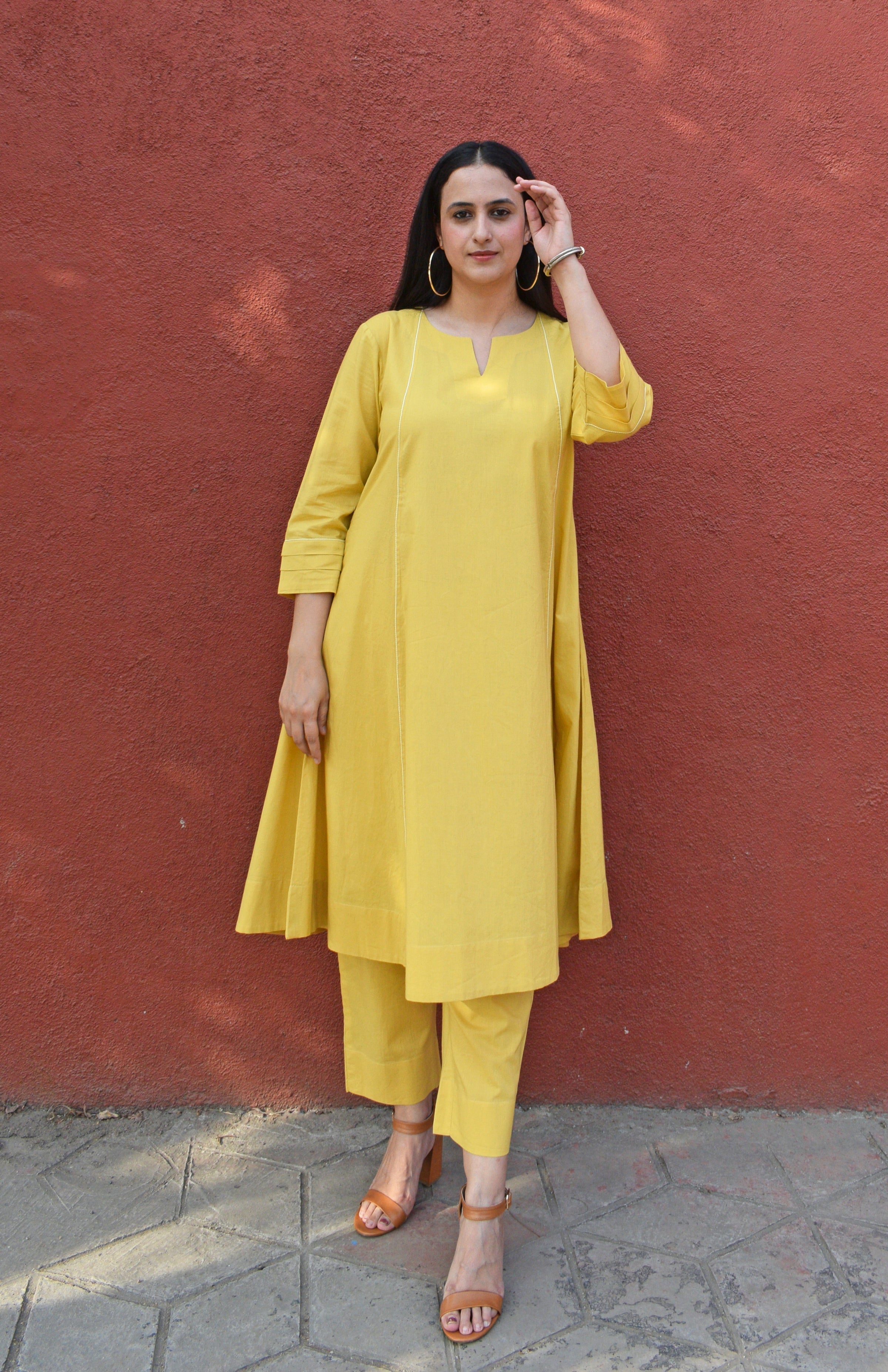 Yellow A line Cotton Kurta with Panels and yellow pajama