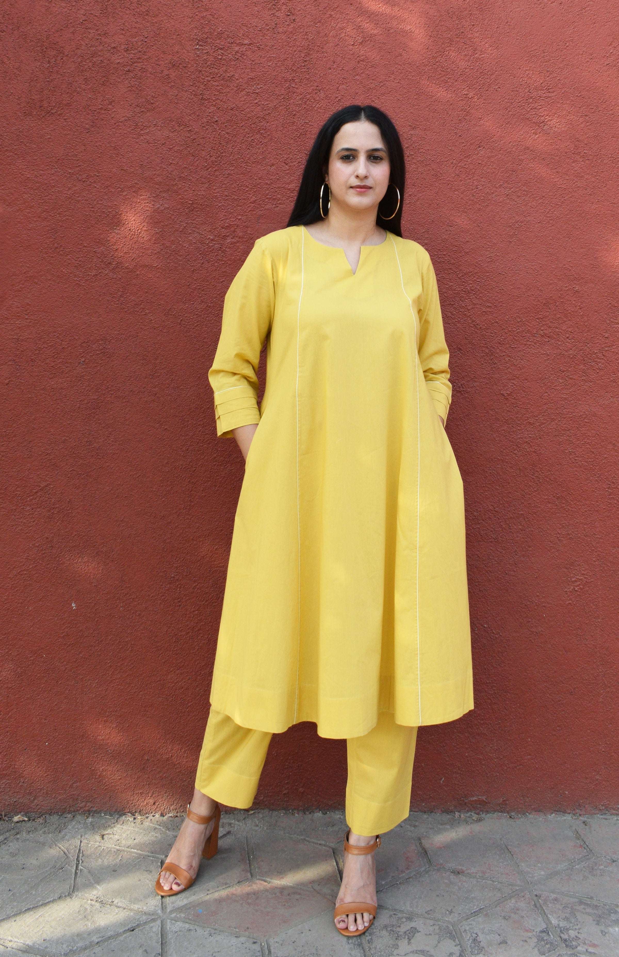 Yellow A line Cotton Kurta with Panels and yellow pajama
