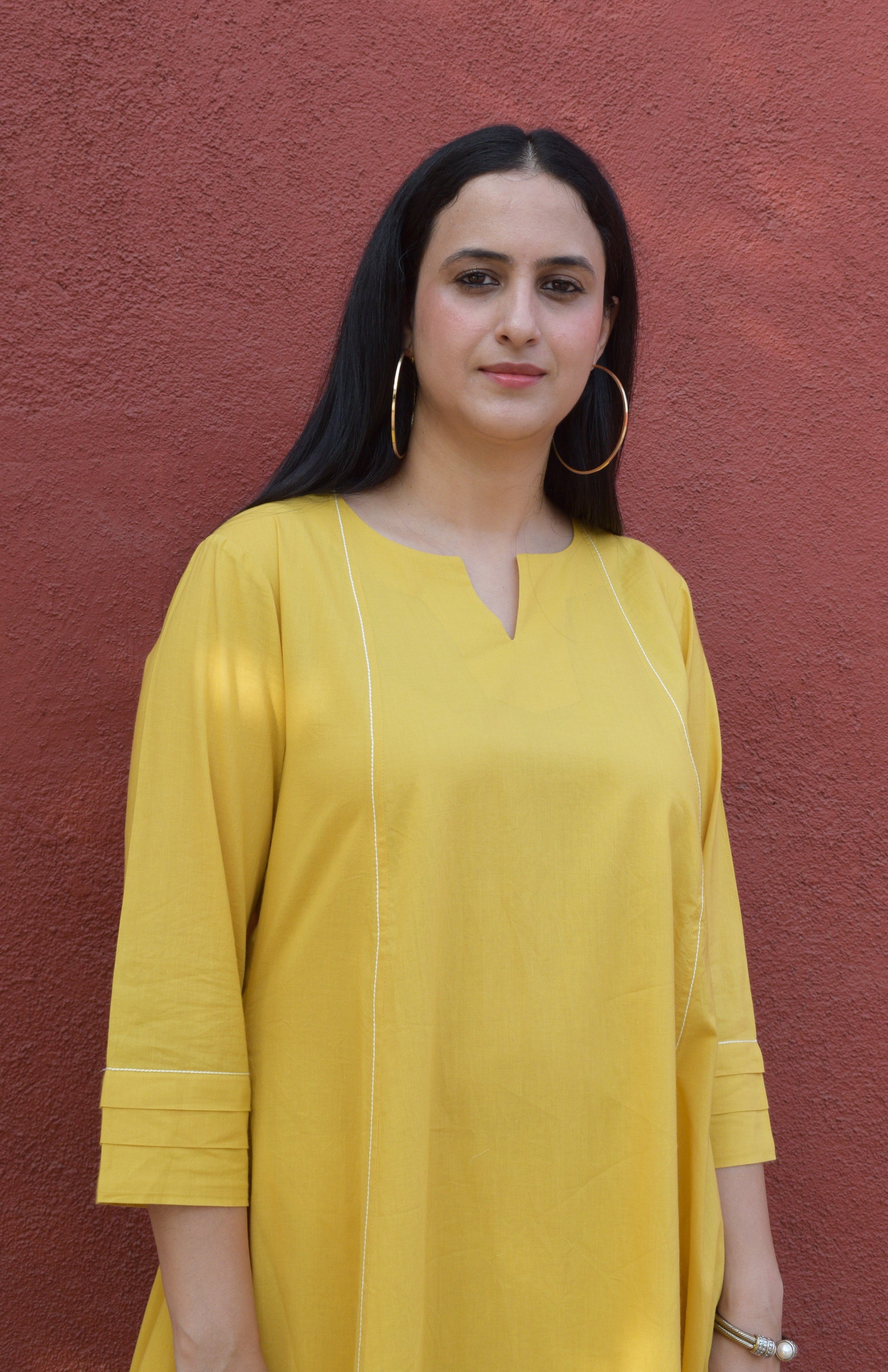 Yellow A line Cotton Kurta with Panels and yellow pajama