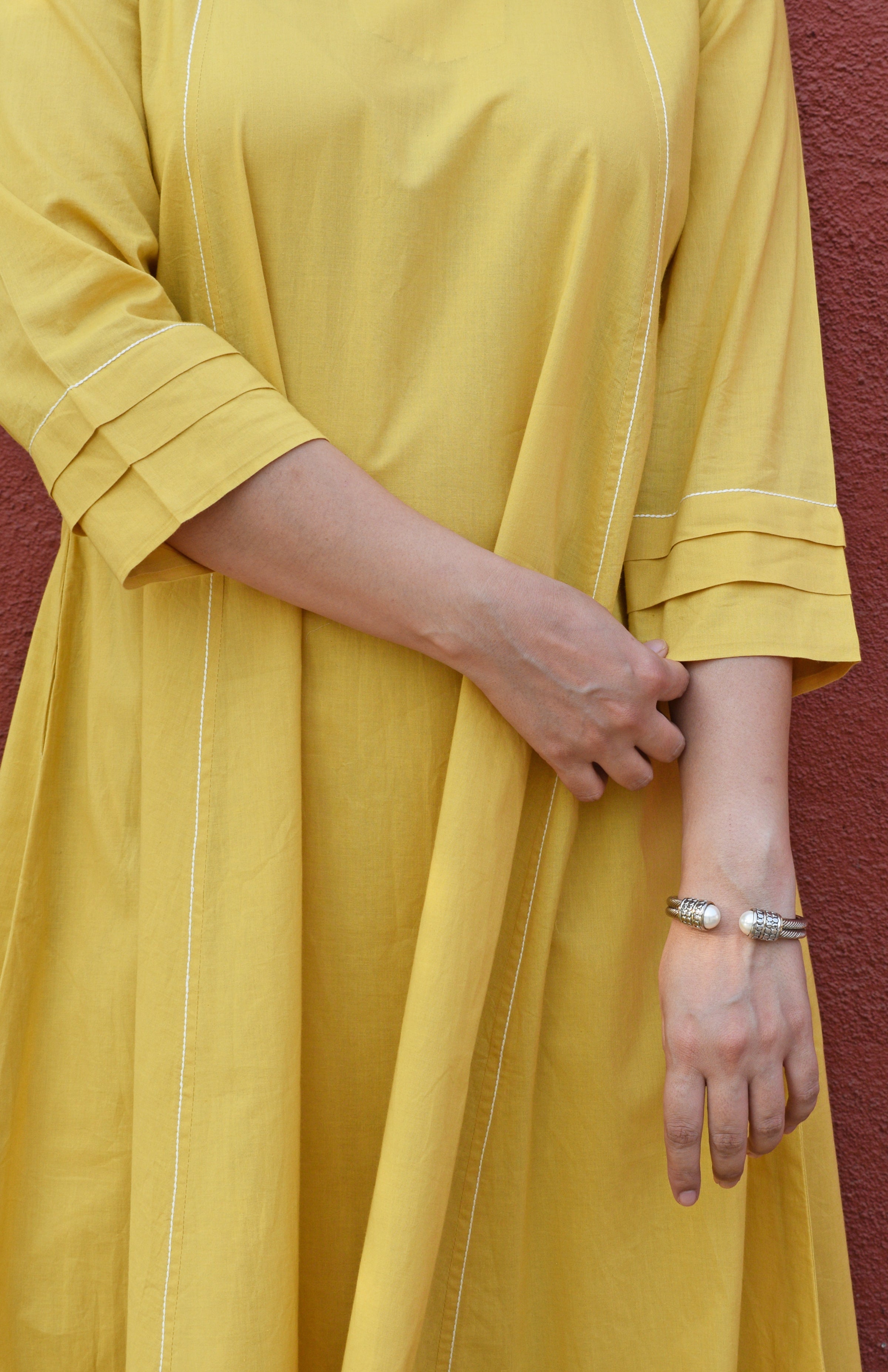 Yellow A line Cotton Kurta with Panels and yellow pajama