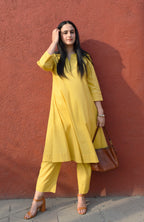 Yellow A line Cotton Kurta with Panels and yellow pajama