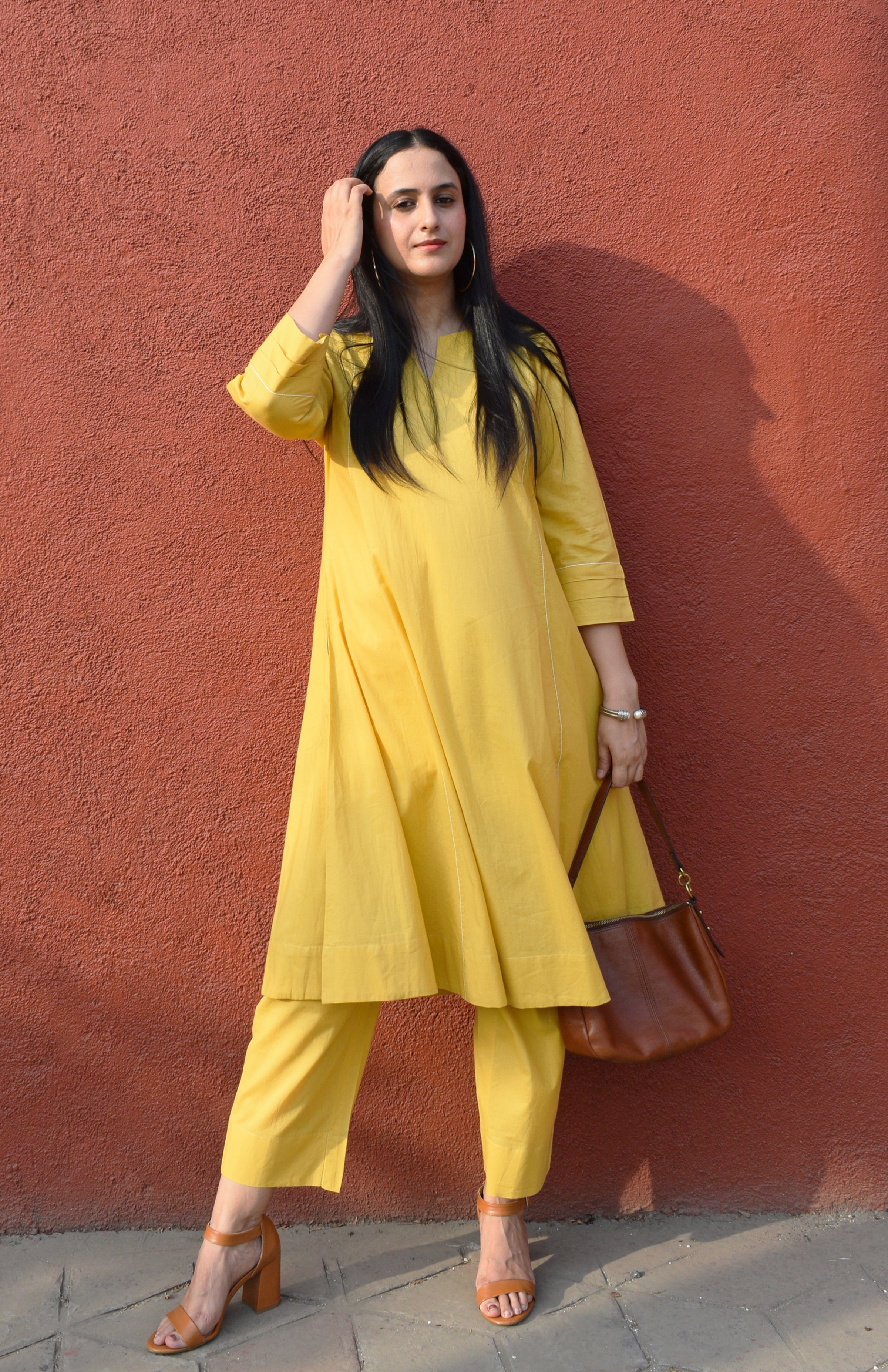 Yellow A line Cotton Kurta with Panels and yellow pajama